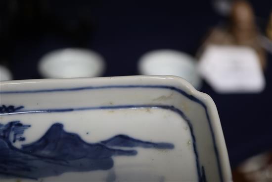 Six 19th century Chinese blue and white horses tea bowls and a later blue and white tray, length 16cm